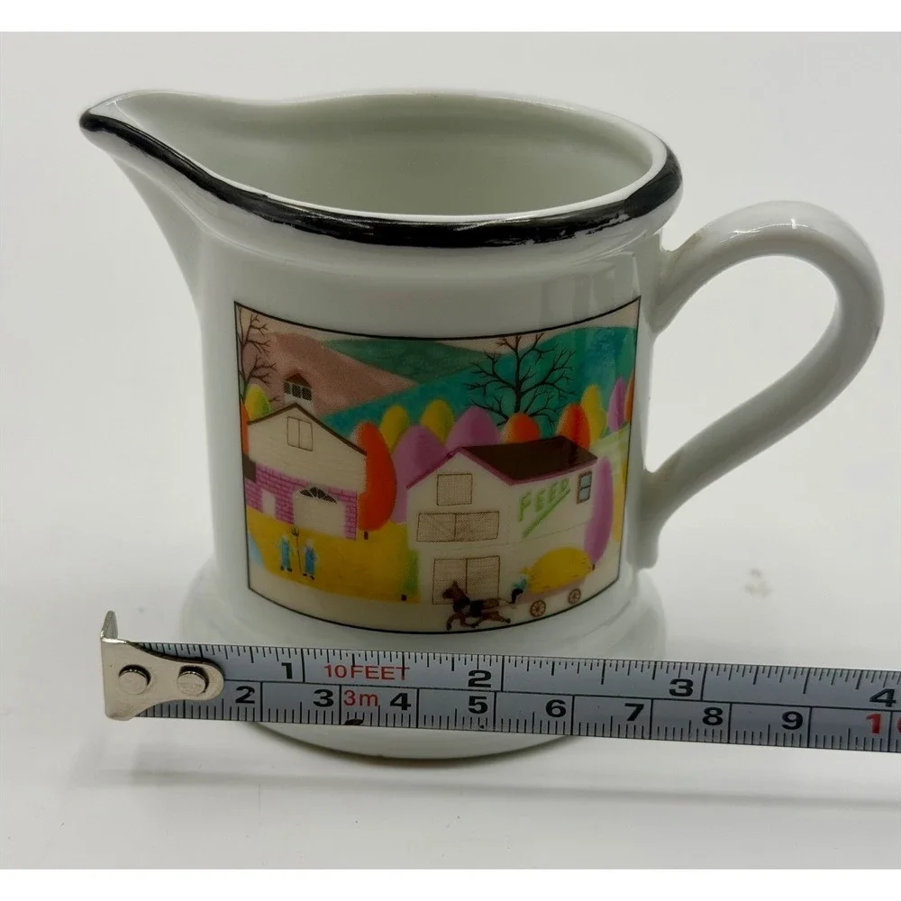 White Ceramic Creamer Pitcher Farmhouse Scene‎ Black Rim Japan
